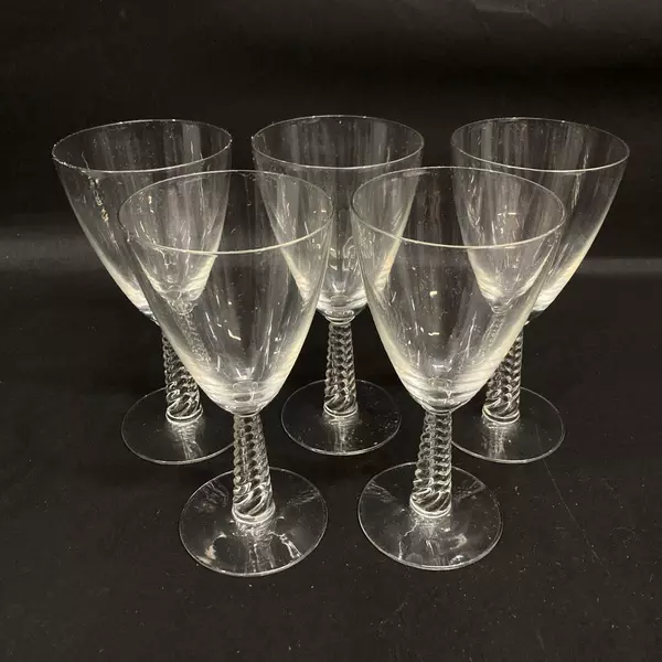 Lot of 5 Vintage Crystal Wine Glasses Clear Airtwist Stem 6 7/8 Inch