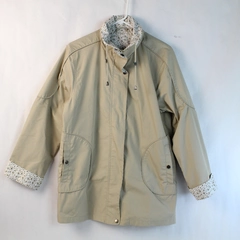 Women's XL Tan Beige Coat Jacket with Hidden Hood & Button Cuffs Stain