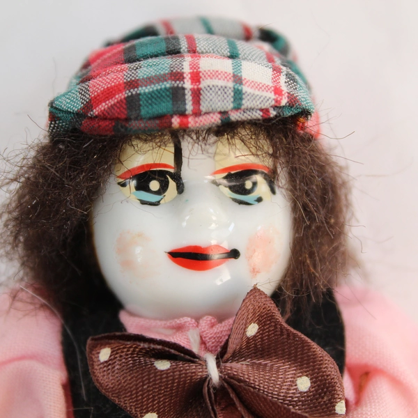 Vintage Porcelain Hand Painted Clown Doll Jester Hat Bow Plaid Coveralls 4.75 In