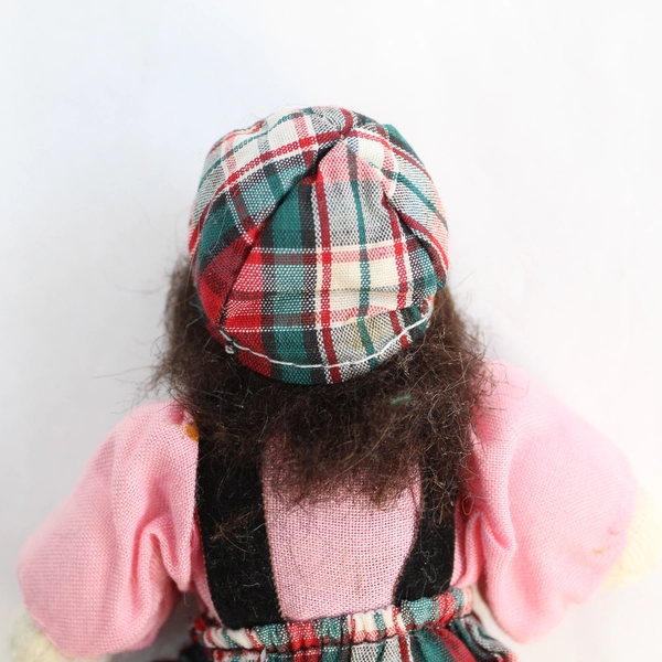 Vintage Porcelain Hand Painted Clown Doll Jester Hat Bow Plaid Coveralls 4.75 In