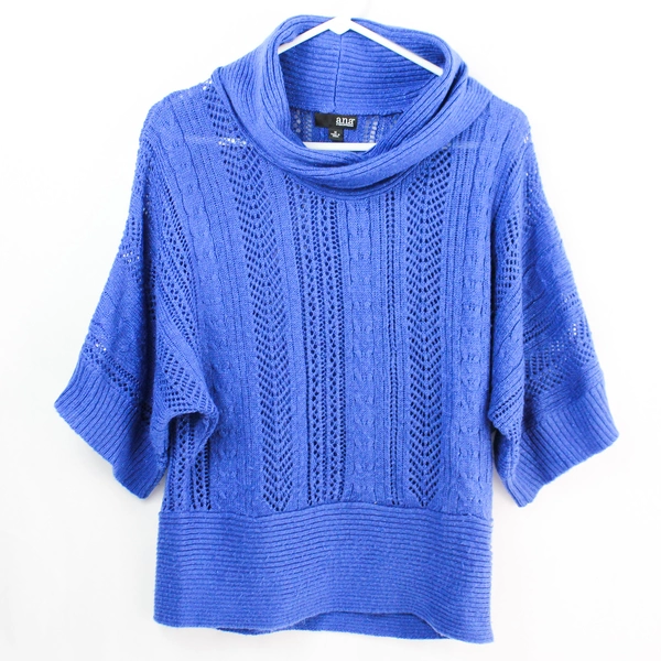 A New Approach Glittery Blue Half-Sleeve Cowl Neck Knit Top Women's Size Medium