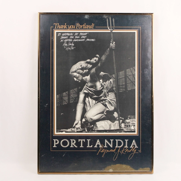 Framed Poster of Portlandia Statue Signed Raymond Kaskey Northern Air Freight 