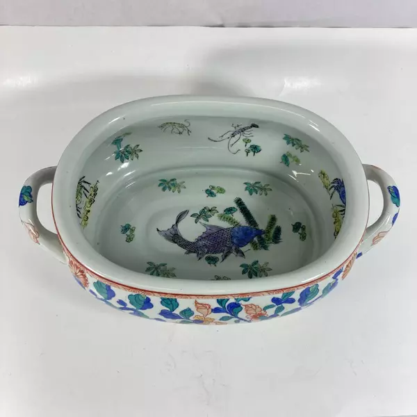 Vintage Chinese Porcelain Foot Bath Hand Paint Flowers And Koi Fish 