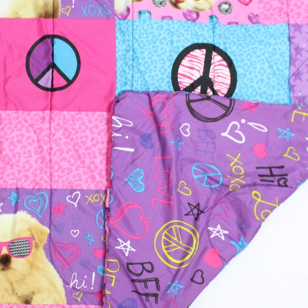 Your Zone Twin Kids Fun Comforter Purple/Pink/Blue w/ Cats, Dogs & Peace Signs