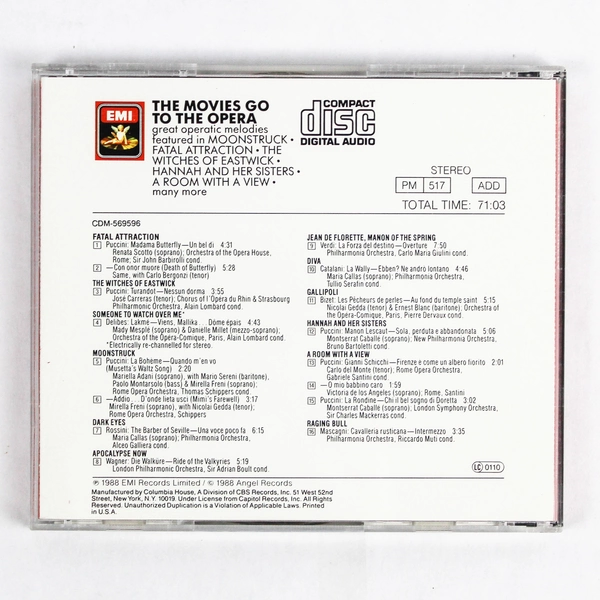 The Movies Go To The Opera Great Operatic Melodies Audio Music CD Disc 1988 EMI