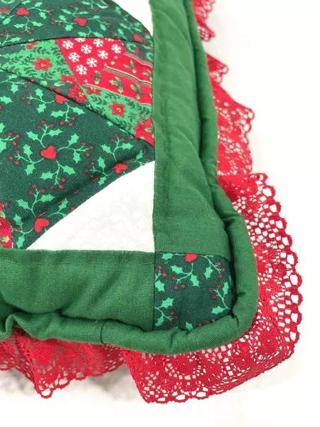 Handmade Christmas Throw Pillow Red Green Floral Quilt Holly Berries 14"