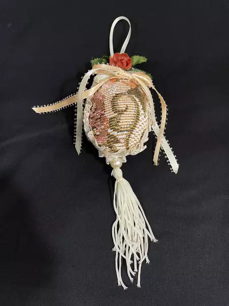 Hand Crocheted Floral Egg Ornament with Tassel & Faux Pearl 8" Long