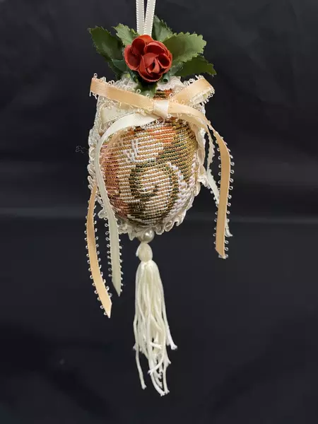 Hand Crocheted Floral Egg Ornament with Tassel & Faux Pearl 8" Long