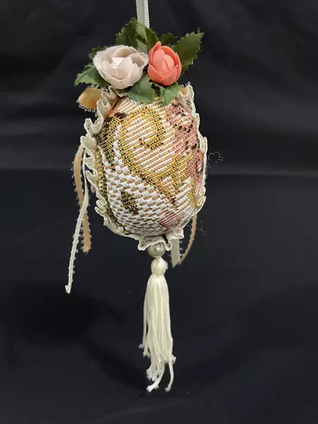 Hand Crocheted Floral Egg Ornament with Tassel & Faux Pearl 8" Long