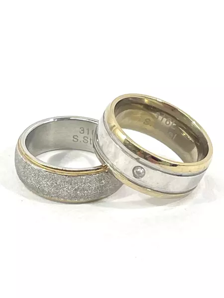 Lot of 2 Size 7 316L Stainless Steel Rings with Gold Edge & Rhinestone