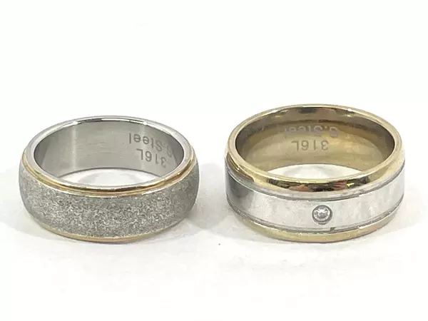 Lot of 2 Size 7 316L Stainless Steel Rings with Gold Edge & Rhinestone