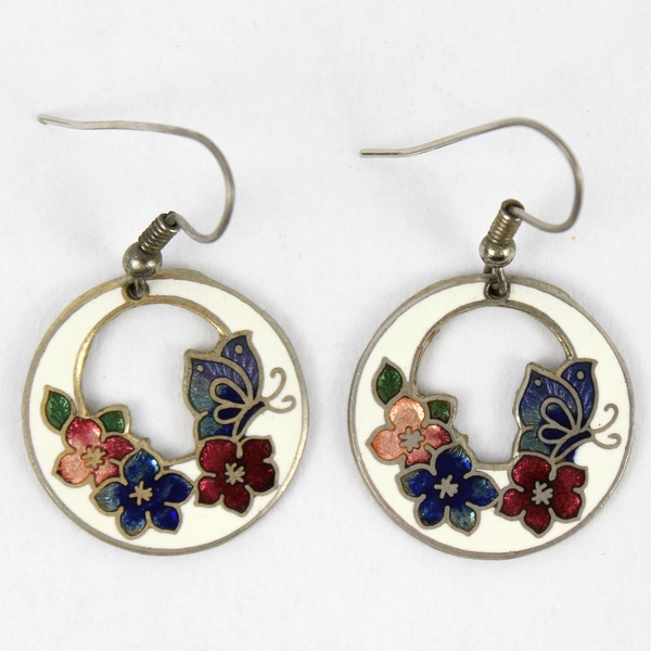Vintage Round Cloisonné Flower And Butterfly Dangle Earrings 