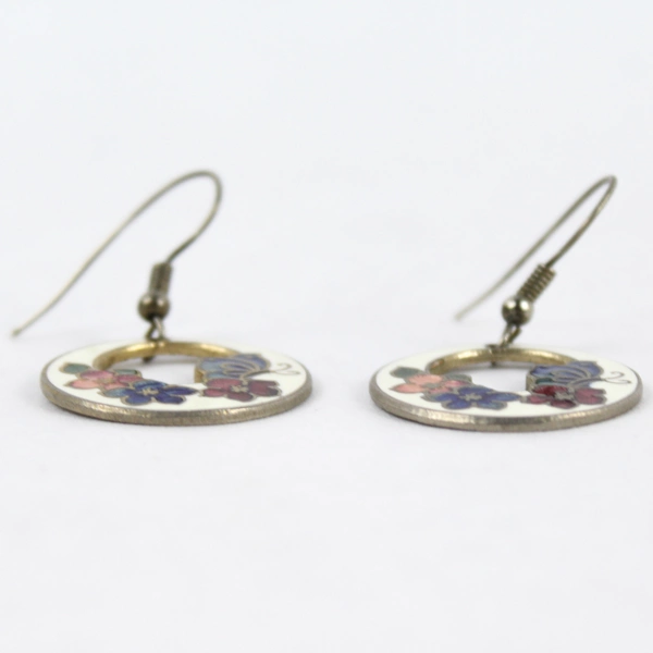 Vintage Round Cloisonné Flower And Butterfly Dangle Earrings 