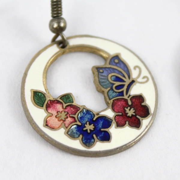 Vintage Round Cloisonné Flower And Butterfly Dangle Earrings 