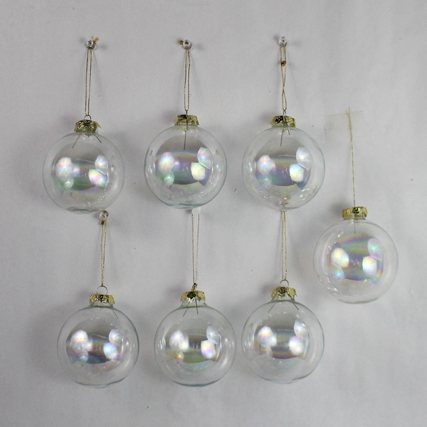 Lot of 7 Christmas Ball Clear Iridescent Glass Hanging Decor 3 Inch Diameter