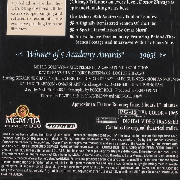Doctor Zhivago VHS 1995 2 Tape Set 30th Anniversary Edition MGM UA