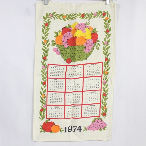 Vintage 1974 HBI Tea Towel Calendar Cream Green Red Fruit Basket Collectible