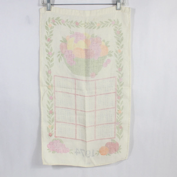 Vintage 1974 HBI Tea Towel Calendar Cream Green Red Fruit Basket Collectible