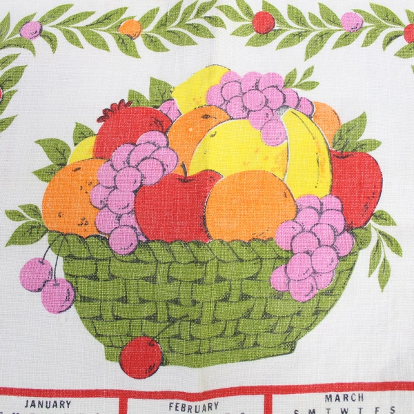 Vintage 1974 HBI Tea Towel Calendar Cream Green Red Fruit Basket Collectible