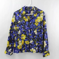 Jones New York Blue Yellow White Floral Long Sleeve Button Up Women's Size M