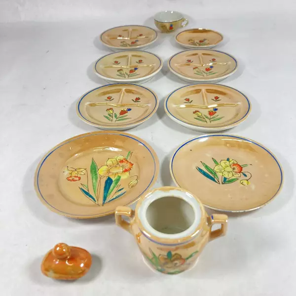Vintage Gold Lustreware Child's China Tea Set Pieces Japan 11 Pieces Flowers