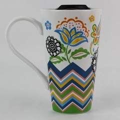 Schurman Multicolored Flower and Bird Design Ceramic Travel Mug 14.5 Oz