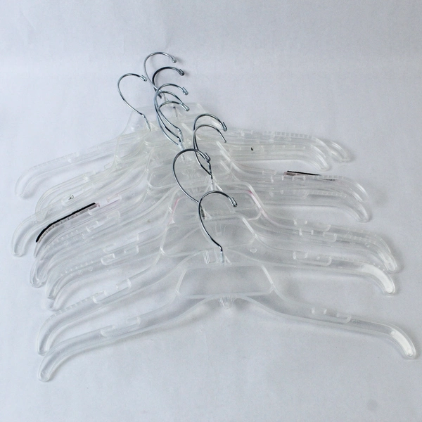 Lot of 9 Clear Plastic Clothes Hangers Swivel Silver Toned Metal Hooks 