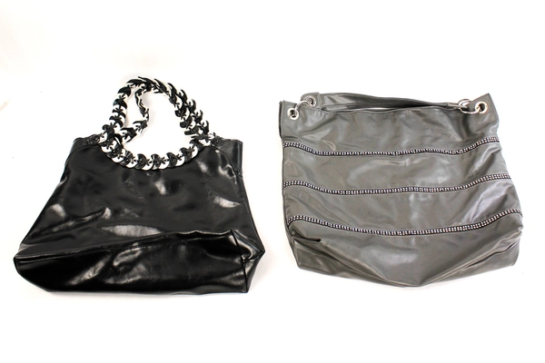 Lot of 2 Large Faux Leather Handbags Gray & Black with Rhinestones