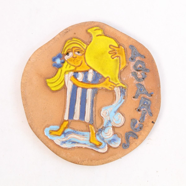 Terracotta Zodiac Aquarius Plaque Coaster B Welsh Stoneware Signed USA