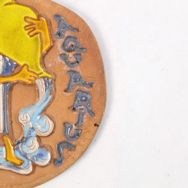 Terracotta Zodiac Aquarius Plaque Coaster B Welsh Stoneware Signed USA