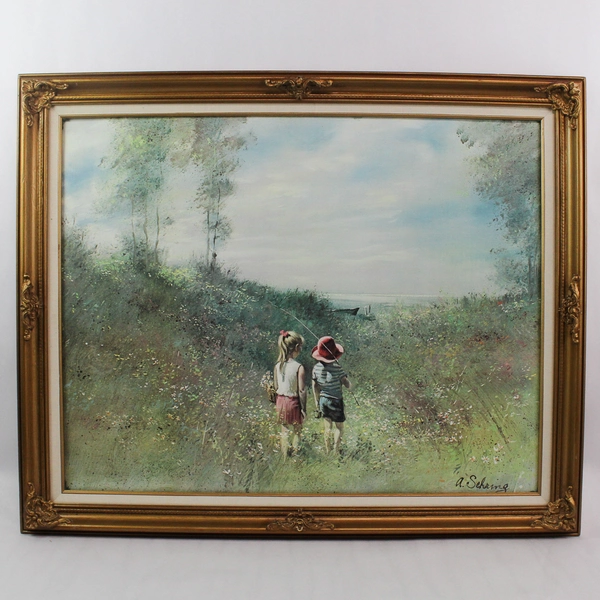 Vintage Adolf Sehring Framed Art Print Going Fishing Girl And Boy Fishing Pole 