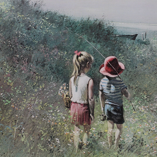 Vintage Adolf Sehring Framed Art Print Going Fishing Girl And Boy Fishing Pole 
