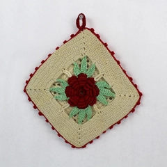 Vintage Crochet Granny Square Pot Holder Rose Trivet Retro Kitchen