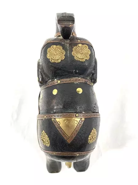 Vintage Hand-Carved Wooden Circus Elephant Figurine with Copper & Brass Decor