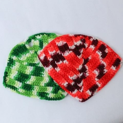 Lot of 2 Vintage Handmade Crocheted Pot Holders Hot Pads Green Red Kitchen