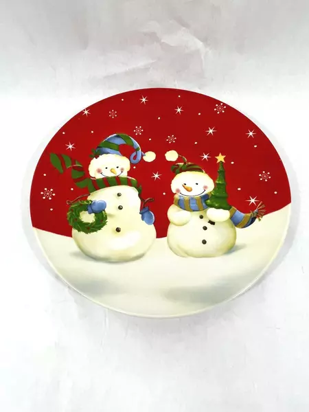 FSG Ceramic Snowman Platter 12.5" Red & White Christmas Decor Good Condition