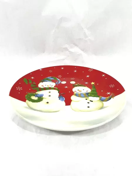 FSG Ceramic Snowman Platter 12.5" Red & White Christmas Decor Good Condition