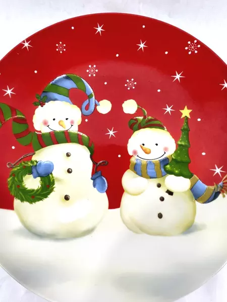 FSG Ceramic Snowman Platter 12.5" Red & White Christmas Decor Good Condition