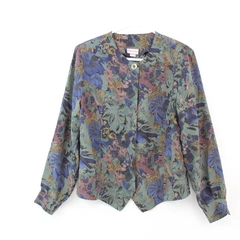 Bora Bora Shirt Top Blouse Women's Size M Green Navy Blue Floral Button Up