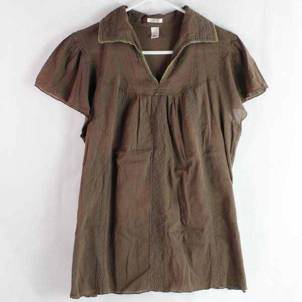 Old Navy Perfect Fit Embroidered Brown V-Neck Blouse Women's Size XL