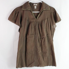 Old Navy Perfect Fit Embroidered Brown V-Neck Blouse Women's Size XL