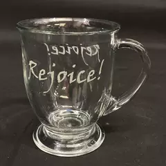 Anchor Hocking Clear Glass Footed Coffee Mug Etched Rejoice