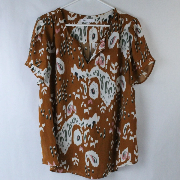 DR2 Shirt Top Blouse Women's XL Brown Green White Short Sleeves