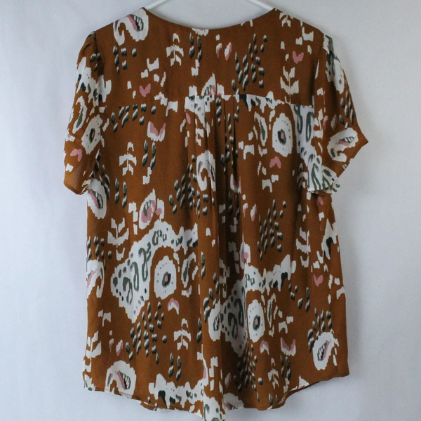 DR2 Shirt Top Blouse Women's XL Brown Green White Short Sleeves