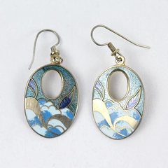 Vintage Blue And Gold Oval Cloisonne Hook Earrings Cloud Pattern