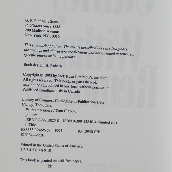 Without Remorse by Tom Clancy 1993 Hardcover