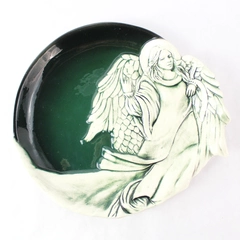 Vintage Flat Earth Pottery 3D Angel Plate Platter Forest Green White 1991