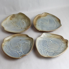 Set of 4 Signed Hand-Painted Blue and Orange Pottery Plates