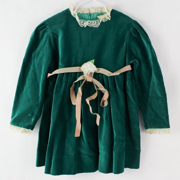 Vintage Green Velvet Toddler Preschool Aged Dress Lace Trim Girl's Size 4