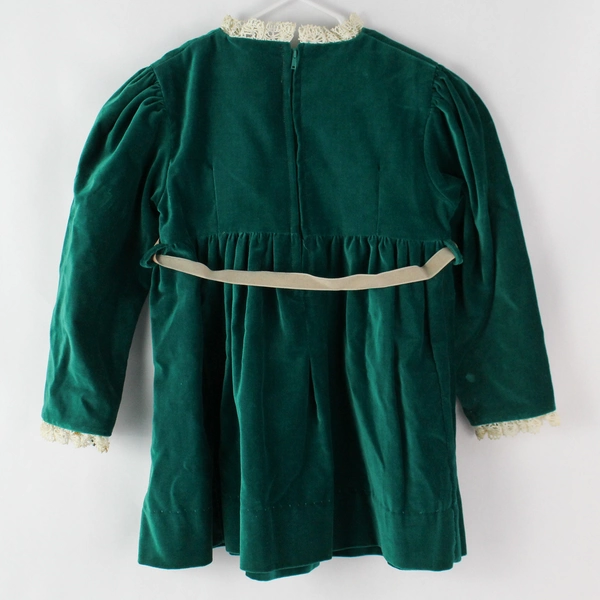 Vintage Green Velvet Toddler Preschool Aged Dress Lace Trim Girl's Size 4